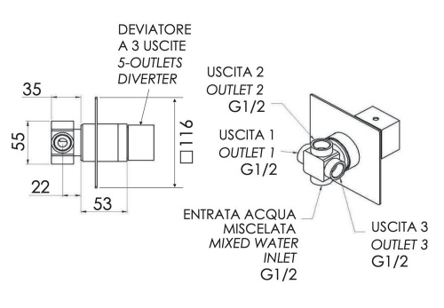 Дивертер на 3 выхода Remer Qubika Q93DEV3NO, черный матовый